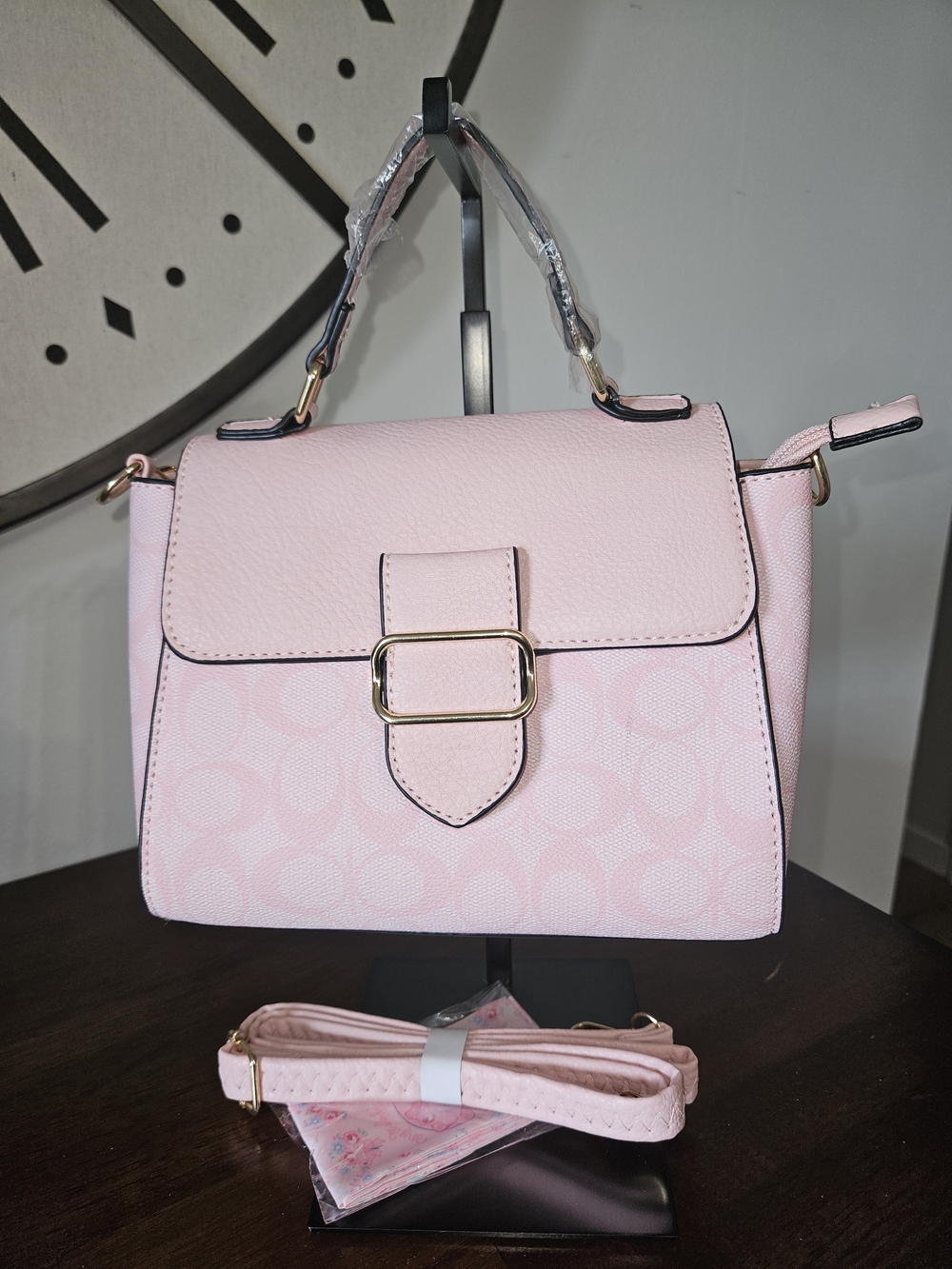 Pink Top-Handle Satchel Handbag with Gold Accents